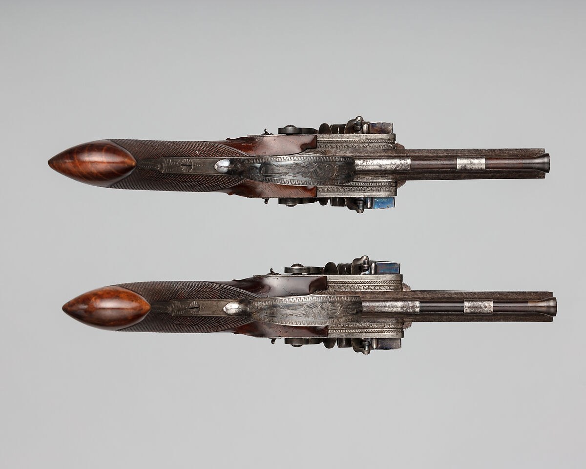 Pair of Over-and-Under Tube-Lock Percussion Pistols with Case and Accessories, Durs Egg (British, born Switzerland, baptized Oberbuchsiten, Switzerland 1748–1831 London), Pistols: steel, wood (walnut, rosewood), gold, platinum, brass, horn; case: wood (mahogany), textile, brass, bone, paper; powder flask: brass, steel, wood, leather; bullet mold: steel; box with patches: textile, paper, tin, British, London