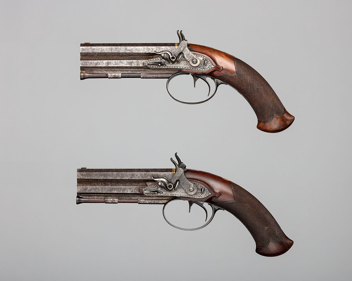 Pair of Over-and-Under Tube-Lock Percussion Pistols with Case and Accessories, Durs Egg (British, born Switzerland, baptized Oberbuchsiten, Switzerland 1748–1831 London), Pistols: steel, wood (walnut, rosewood), gold, platinum, brass, horn; case: wood (mahogany), textile, brass, bone, paper; powder flask: brass, steel, wood, leather; bullet mold: steel; box with patches: textile, paper, tin, British, London