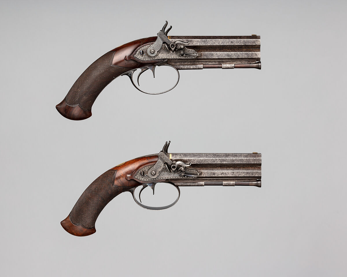 Pair of Over-and-Under Tube-Lock Percussion Pistols with Case and Accessories, Durs Egg (British, born Switzerland, baptized Oberbuchsiten, Switzerland 1748–1831 London), Pistols: steel, wood (walnut, rosewood), gold, platinum, brass, horn; case: wood (mahogany), textile, brass, bone, paper; powder flask: brass, steel, wood, leather; bullet mold: steel; box with patches: textile, paper, tin, British, London 