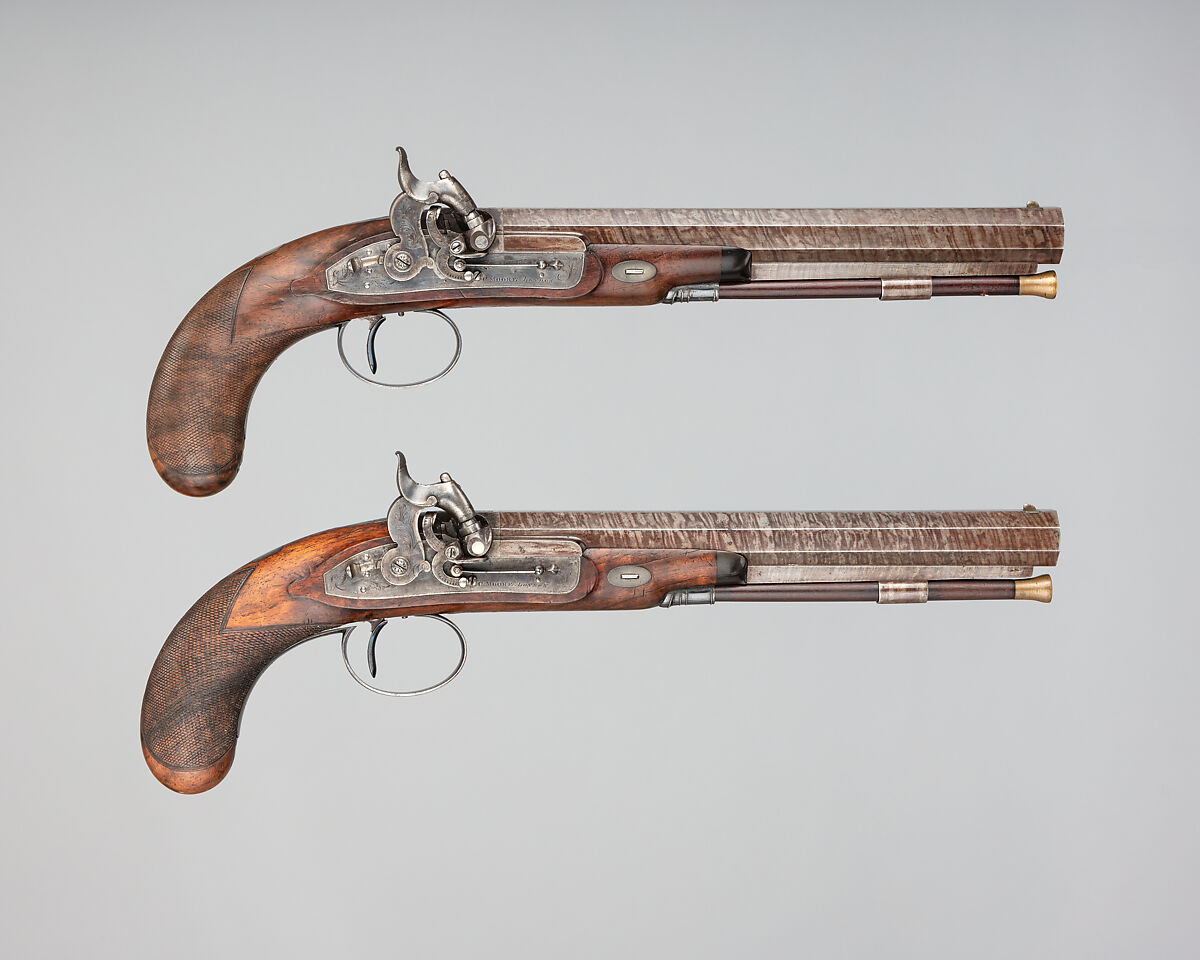 Pair of Pellet-Lock Pistols with Case with Accessories, Charles Moore (British, active in London and Paris, recorded ca. 1821–45), pistols: steel, wood (walnut), platinum, brass; case: wood (mahogany), textile, brass, bone, paper; powder flask: brass; bullet mold: steel; nipple wrench: wood (mahogany?), brass, steel; ramrod: wood (mahogany?), bronze, steel; spare nipples: steel; spare firing pins: steel, British, London 