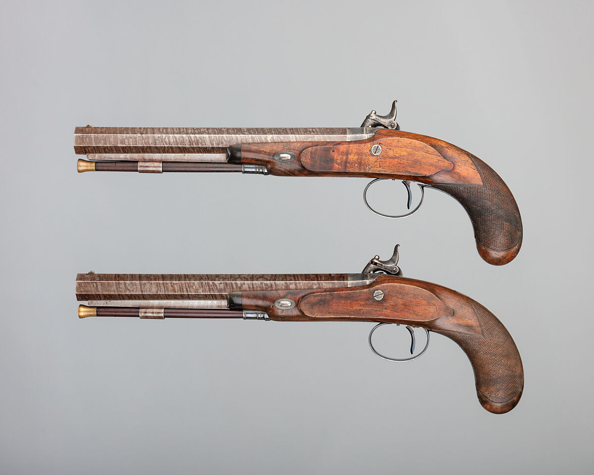 Pair of Pellet-Lock Pistols with Case with Accessories, Charles Moore (British, active in London and Paris, recorded ca. 1821–45), pistols: steel, wood (walnut), platinum, brass; case: wood (mahogany), textile, brass, bone, paper; powder flask: brass; bullet mold: steel; nipple wrench: wood (mahogany?), brass, steel; ramrod: wood (mahogany?), bronze, steel; spare nipples: steel; spare firing pins: steel, British, London