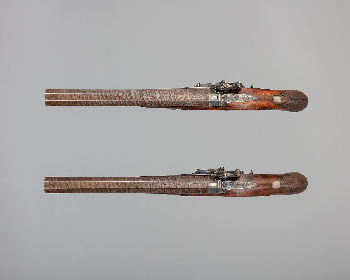 Pair of Pellet-Lock Pistols with Case with Accessories, Charles Moore (British, active in London and Paris, recorded ca. 1821–45), pistols: steel, wood (walnut), platinum, brass; case: wood (mahogany), textile, brass, bone, paper; powder flask: brass; bullet mold: steel; nipple wrench: wood (mahogany?), brass, steel; ramrod: wood (mahogany?), bronze, steel; spare nipples: steel; spare firing pins: steel, British, London