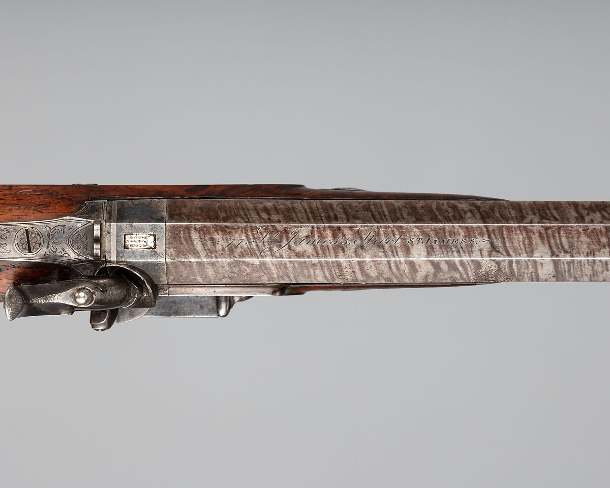Pair of Pellet-Lock Pistols with Case with Accessories, Charles Moore (British, active in London and Paris, recorded ca. 1821–45), pistols: steel, wood (walnut), platinum, brass; case: wood (mahogany), textile, brass, bone, paper; powder flask: brass; bullet mold: steel; nipple wrench: wood (mahogany?), brass, steel; ramrod: wood (mahogany?), bronze, steel; spare nipples: steel; spare firing pins: steel, British, London