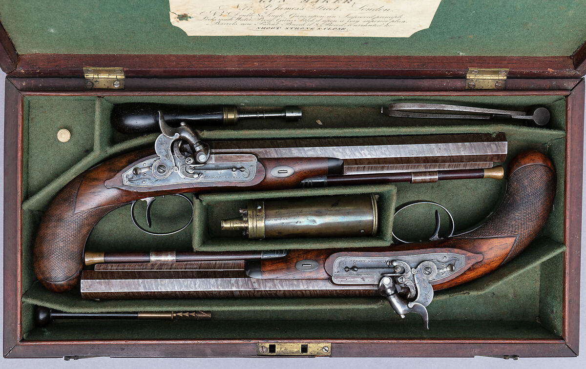 Pair of Pellet-Lock Pistols with Case with Accessories, Charles Moore (British, active in London and Paris, recorded ca. 1821–45), pistols: steel, wood (walnut), platinum, brass; case: wood (mahogany), textile, brass, bone, paper; powder flask: brass; bullet mold: steel; nipple wrench: wood (mahogany?), brass, steel; ramrod: wood (mahogany?), bronze, steel; spare nipples: steel; spare firing pins: steel, British, London