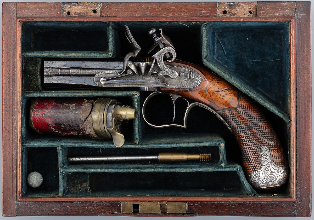 Over-and-Under Flintlock Pocket Pistol of the Hughes of Gwerclas Family with Case and Accessories, Joseph Egg (British (born France), Huningue 1775–1837 London), Pistol: steel, wood (walnut) silver, brass, gold, platinum; case: wood (mahogany), textile, brass; powder flask: brass, steel, leather, paper; ramrod: steel; cleaning rod: steel, bronze, British, London