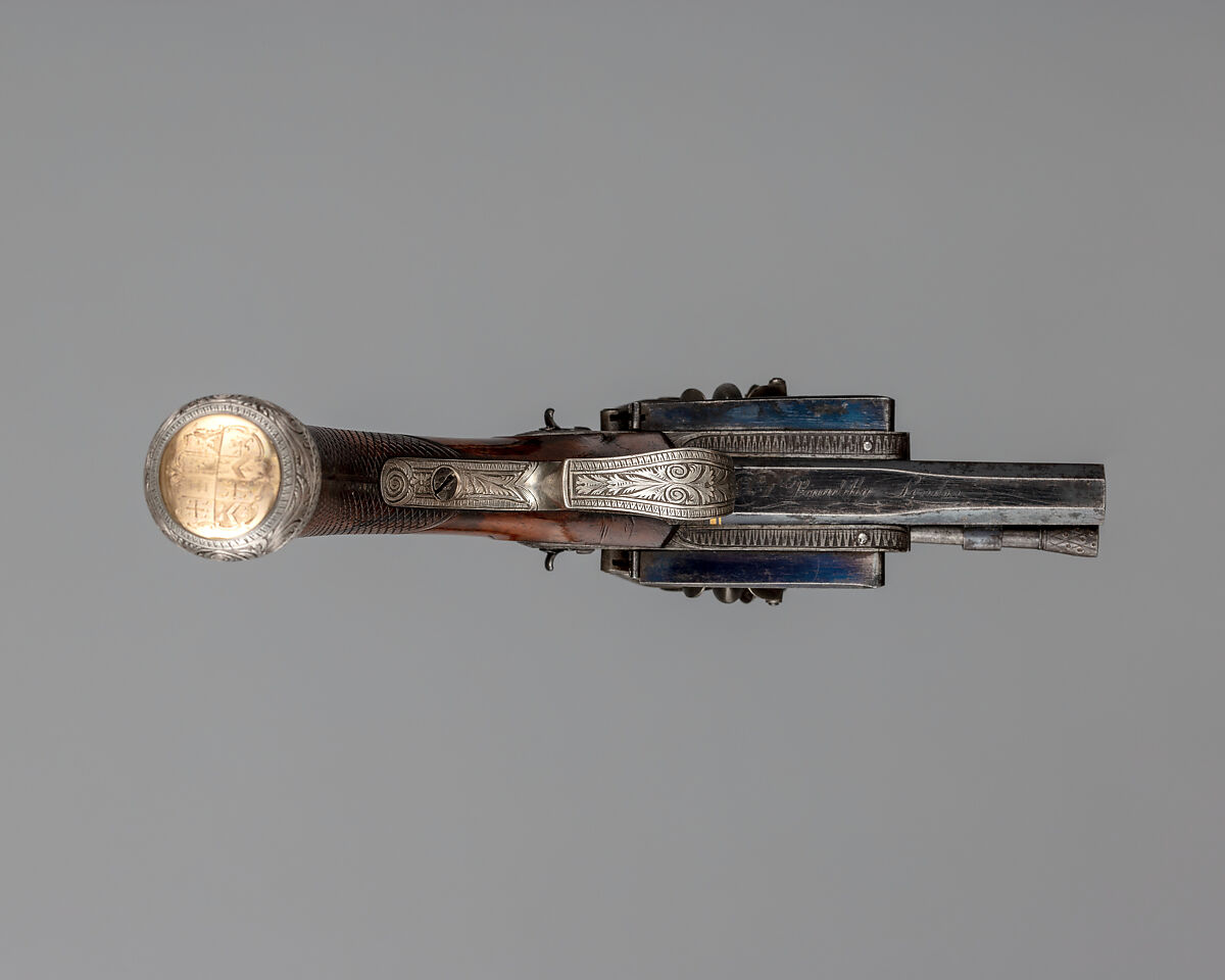 Over-and-Under Flintlock Pocket Pistol of the Hughes of Gwerclas Family with Case and Accessories, Joseph Egg (British (born France), Huningue 1775–1837 London), Pistol: steel, wood (walnut) silver, brass, gold, platinum; case: wood (mahogany), textile, brass; powder flask: brass, steel, leather, paper; ramrod: steel; cleaning rod: steel, bronze, British, London