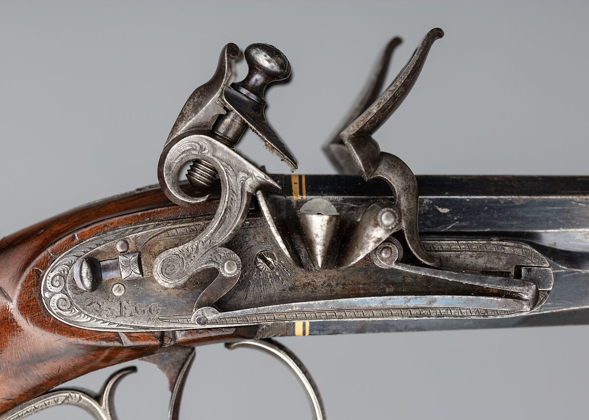 Over-and-Under Flintlock Pocket Pistol of the Hughes of Gwerclas Family with Case and Accessories, Joseph Egg (British (born France), Huningue 1775–1837 London), Pistol: steel, wood (walnut) silver, brass, gold, platinum; case: wood (mahogany), textile, brass; powder flask: brass, steel, leather, paper; ramrod: steel; cleaning rod: steel, bronze, British, London