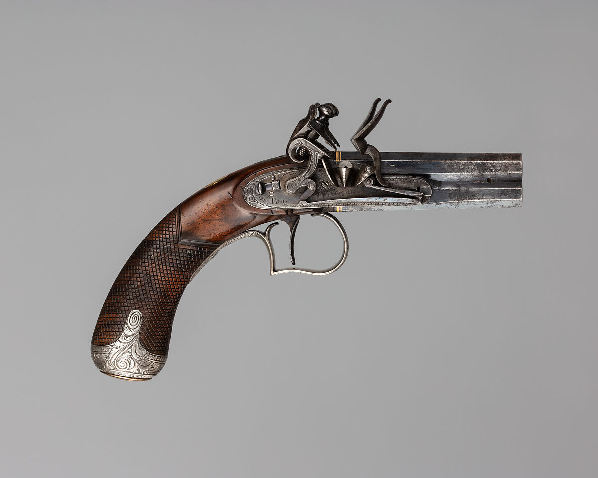 Over-and-Under Flintlock Pocket Pistol of the Hughes of Gwerclas Family with Case and Accessories, Joseph Egg (British (born France), Huningue 1775–1837 London), Pistol: steel, wood (walnut) silver, brass, gold, platinum; case: wood (mahogany), textile, brass; powder flask: brass, steel, leather, paper; ramrod: steel; cleaning rod: steel, bronze, British, London 