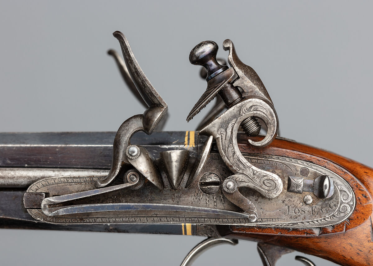 Over-and-Under Flintlock Pocket Pistol of the Hughes of Gwerclas Family with Case and Accessories, Joseph Egg (British (born France), Huningue 1775–1837 London), Pistol: steel, wood (walnut) silver, brass, gold, platinum; case: wood (mahogany), textile, brass; powder flask: brass, steel, leather, paper; ramrod: steel; cleaning rod: steel, bronze, British, London