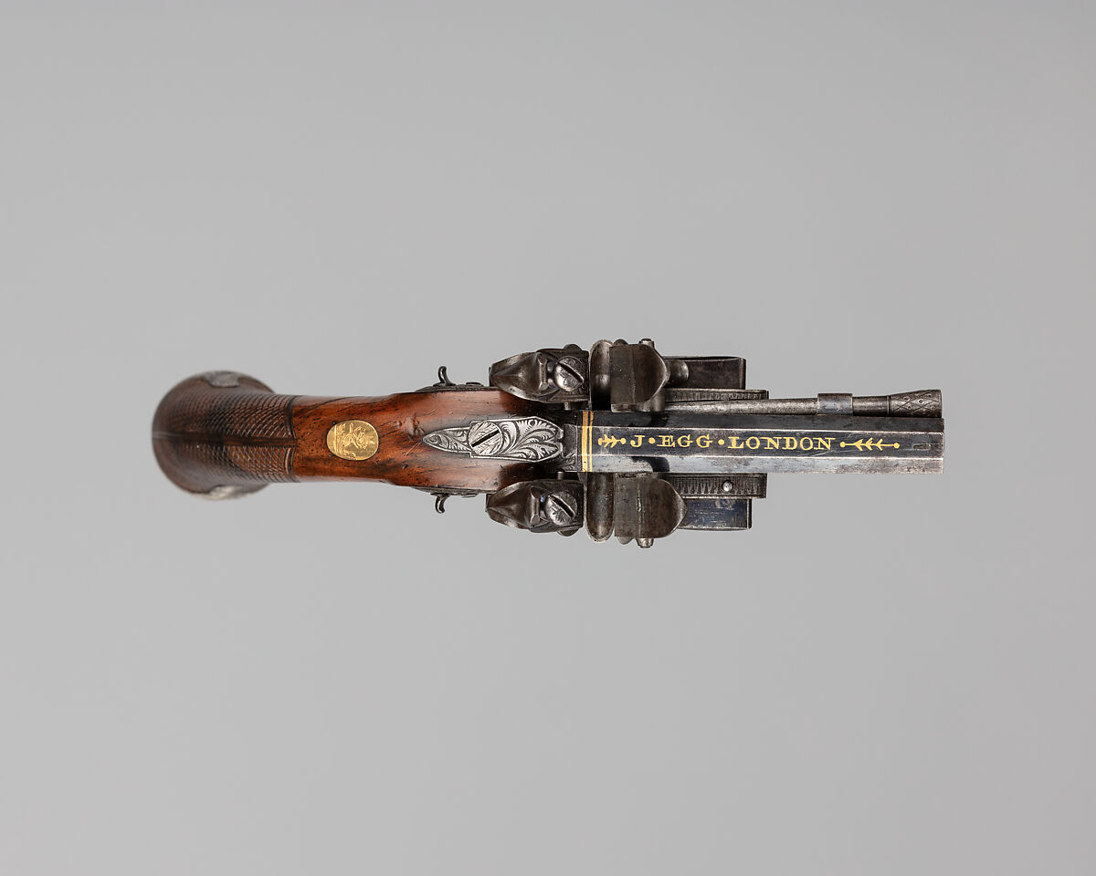 Over-and-Under Flintlock Pocket Pistol of the Hughes of Gwerclas Family with Case and Accessories, Joseph Egg (British (born France), Huningue 1775–1837 London), Pistol: steel, wood (walnut) silver, brass, gold, platinum; case: wood (mahogany), textile, brass; powder flask: brass, steel, leather, paper; ramrod: steel; cleaning rod: steel, bronze, British, London