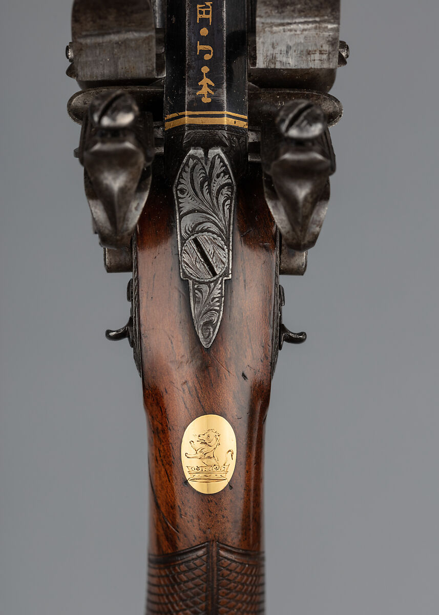 Over-and-Under Flintlock Pocket Pistol of the Hughes of Gwerclas Family with Case and Accessories, Joseph Egg (British (born France), Huningue 1775–1837 London), Pistol: steel, wood (walnut) silver, brass, gold, platinum; case: wood (mahogany), textile, brass; powder flask: brass, steel, leather, paper; ramrod: steel; cleaning rod: steel, bronze, British, London