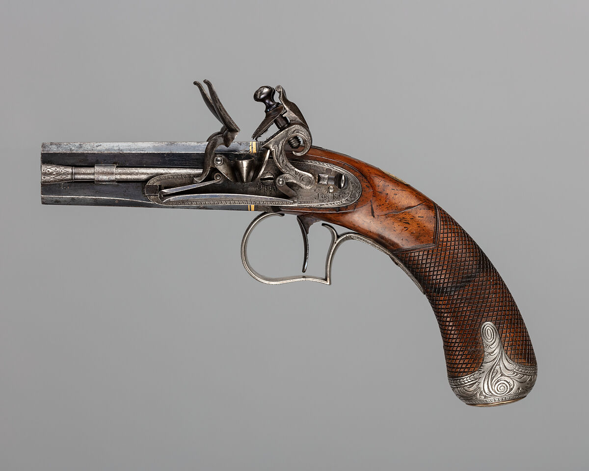 Over-and-Under Flintlock Pocket Pistol of the Hughes of Gwerclas Family with Case and Accessories, Joseph Egg (British (born France), Huningue 1775–1837 London), Pistol: steel, wood (walnut) silver, brass, gold, platinum; case: wood (mahogany), textile, brass; powder flask: brass, steel, leather, paper; ramrod: steel; cleaning rod: steel, bronze, British, London