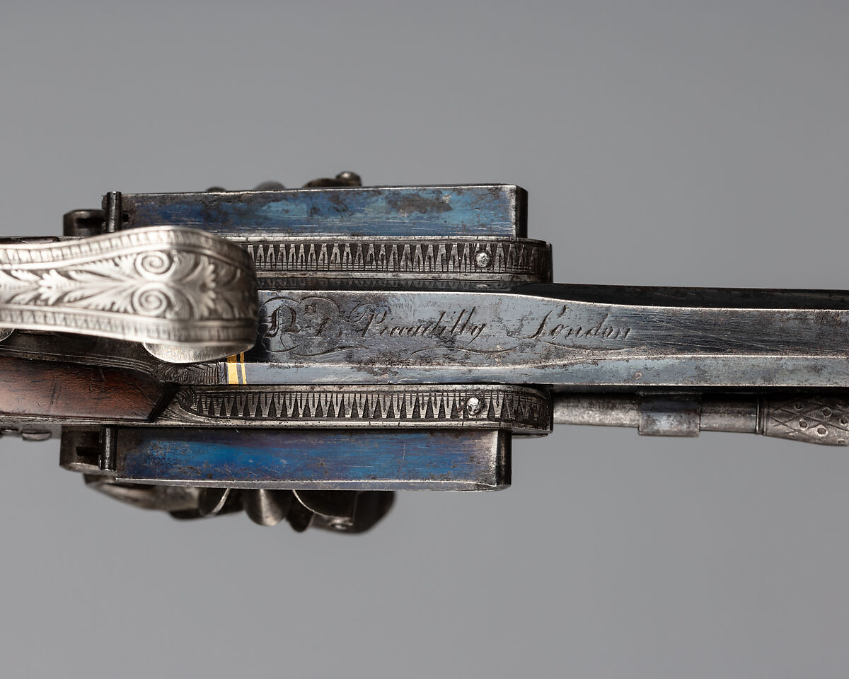 Over-and-Under Flintlock Pocket Pistol of the Hughes of Gwerclas Family with Case and Accessories, Joseph Egg (British (born France), Huningue 1775–1837 London), Pistol: steel, wood (walnut) silver, brass, gold, platinum; case: wood (mahogany), textile, brass; powder flask: brass, steel, leather, paper; ramrod: steel; cleaning rod: steel, bronze, British, London