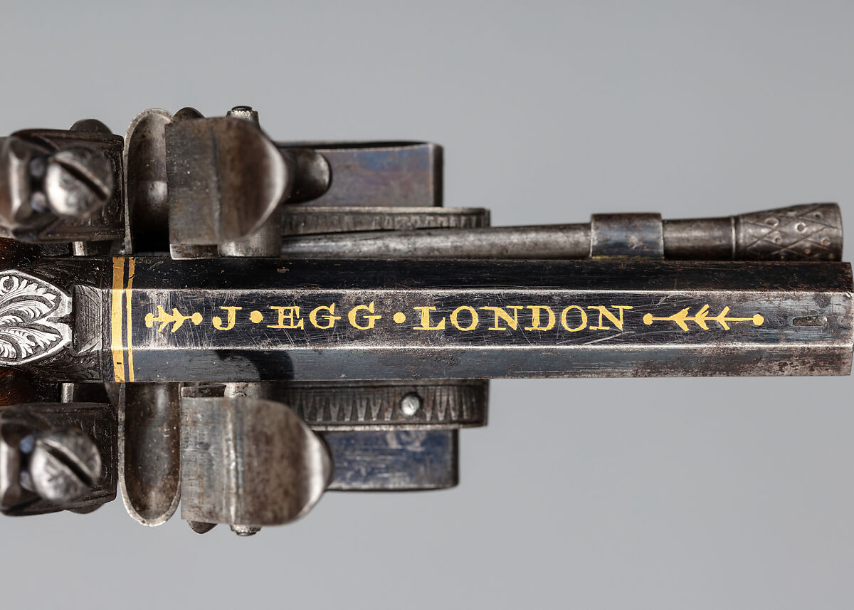 Over-and-Under Flintlock Pocket Pistol of the Hughes of Gwerclas Family with Case and Accessories, Joseph Egg (British (born France), Huningue 1775–1837 London), Pistol: steel, wood (walnut) silver, brass, gold, platinum; case: wood (mahogany), textile, brass; powder flask: brass, steel, leather, paper; ramrod: steel; cleaning rod: steel, bronze, British, London