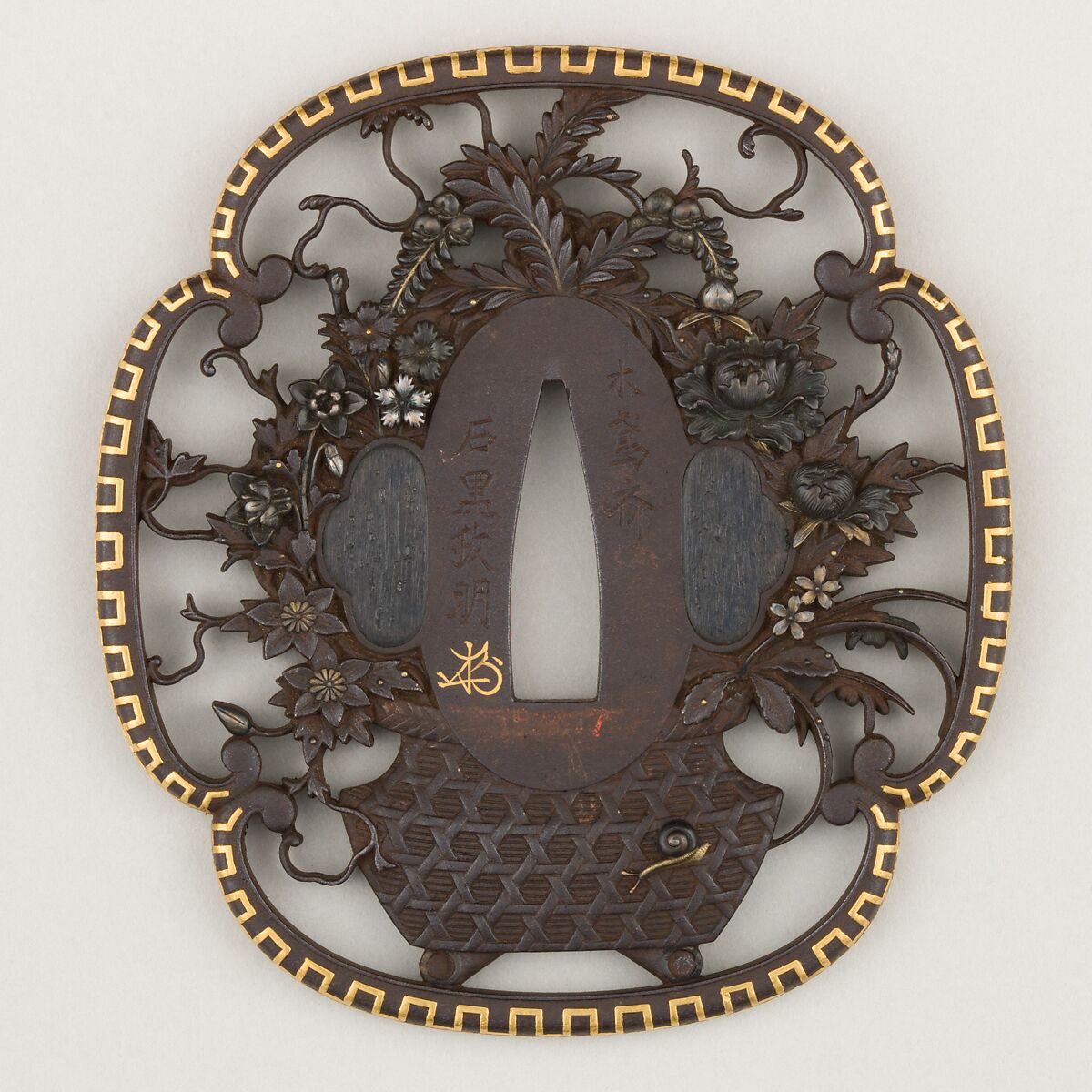 Sword guard (<i>Tsuba</i>) With Flower Basket Motif (花籠透鐔), 石黒政明 Ishiguro Masaaki  Japanese, Iron, copper-silver alloy (<i>shibuichi</i>), gold, silver, copper, Japanese