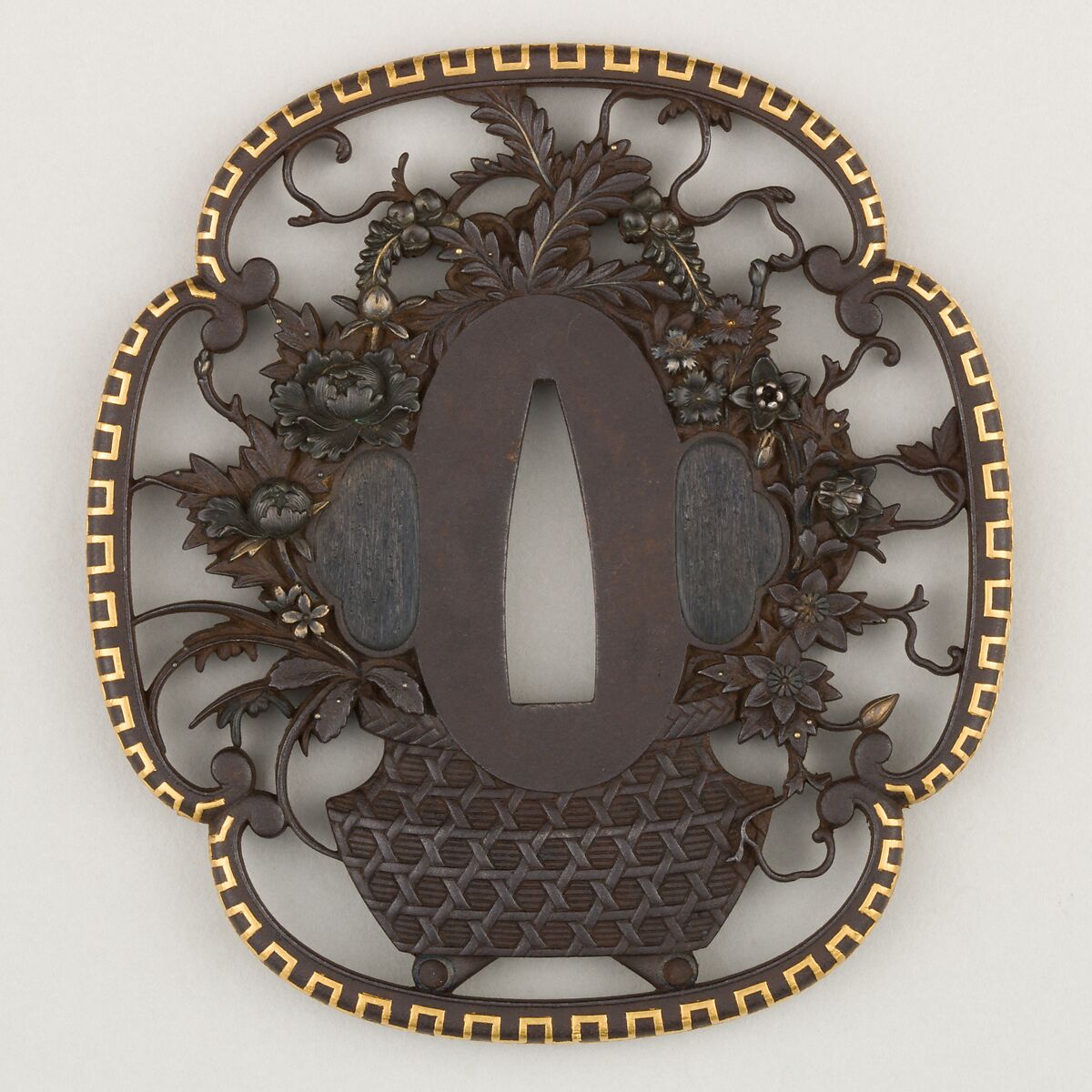 Sword guard (<i>Tsuba</i>) With Flower Basket Motif (花籠透鐔), 石黒政明 Ishiguro Masaaki (Japanese, active 19th century), Iron, copper-silver alloy (<i>shibuichi</i>), gold, silver, copper, Japanese
