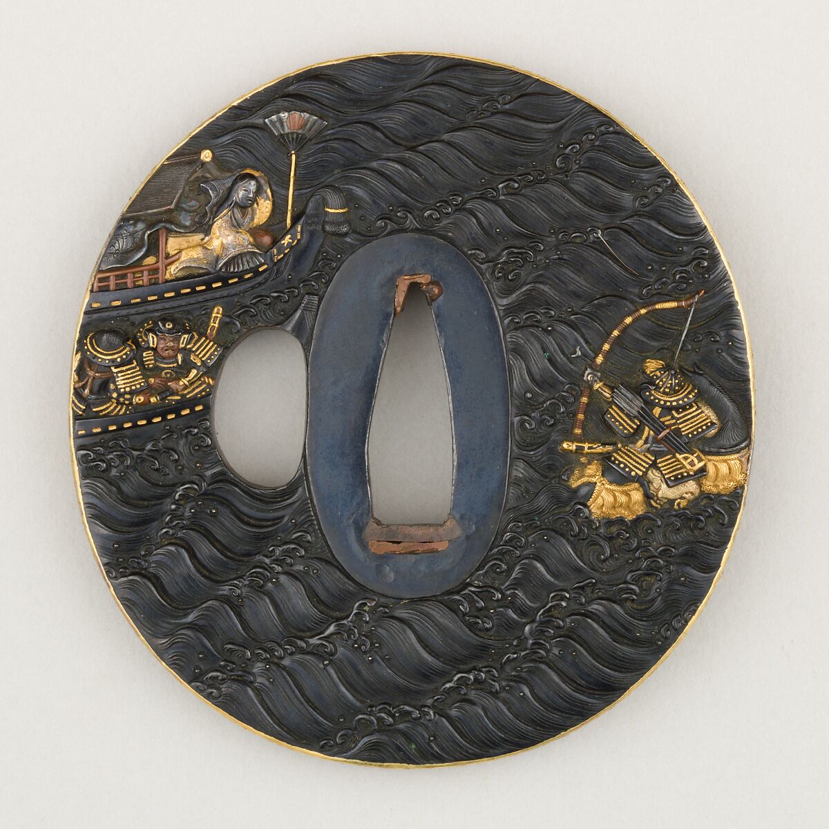 Sword Guard (Tsuba), Inscribed by Omori Teruhide (Japanese, Edo period, 1730–1798), Copper-gold alloy (shakudō), gold, copper-silver alloy (shibuichi), Japanese 