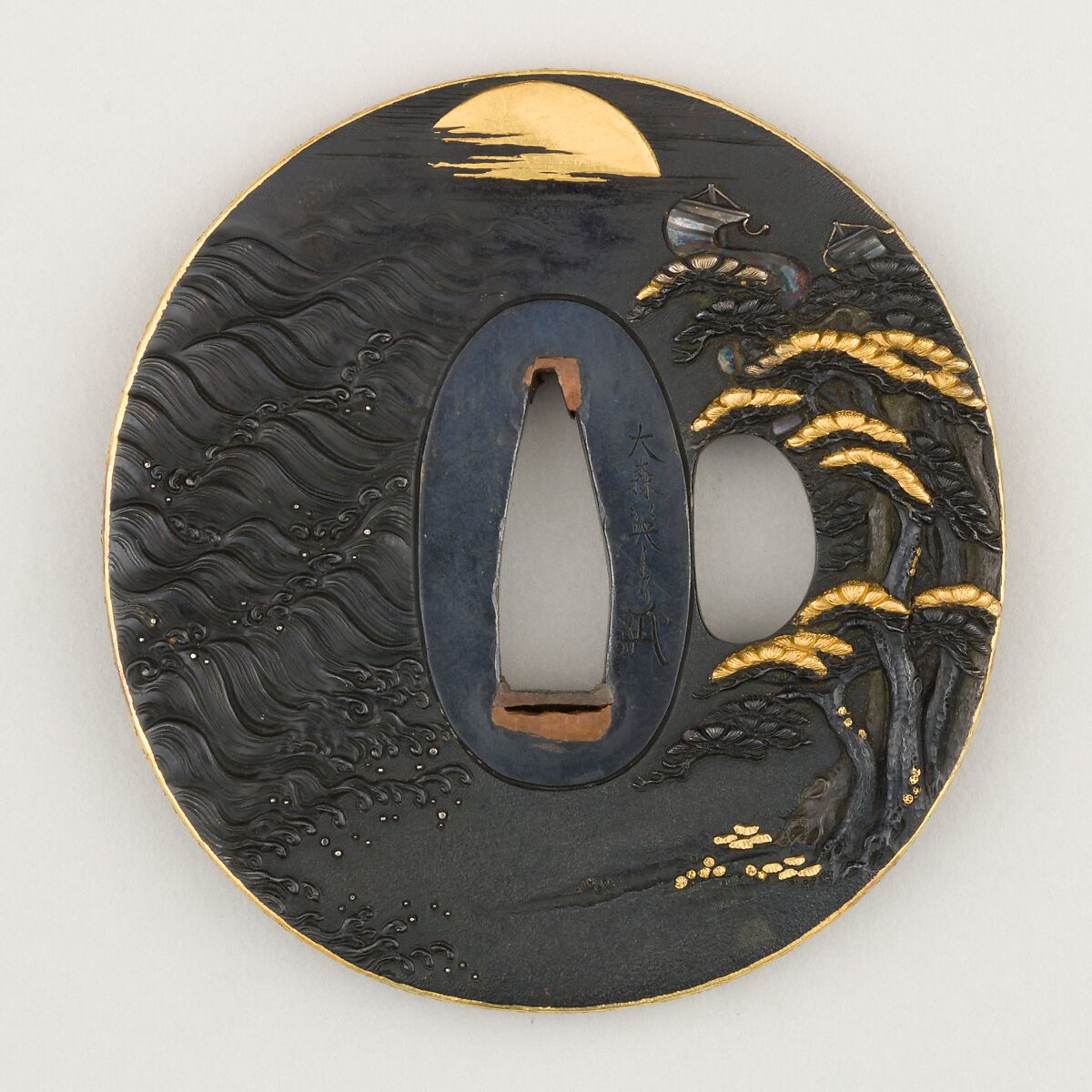 Sword Guard (Tsuba), Inscribed by Omori Teruhide (Japanese, Edo period, 1730–1798), Copper-gold alloy (shakudō), gold, copper-silver alloy (shibuichi), Japanese