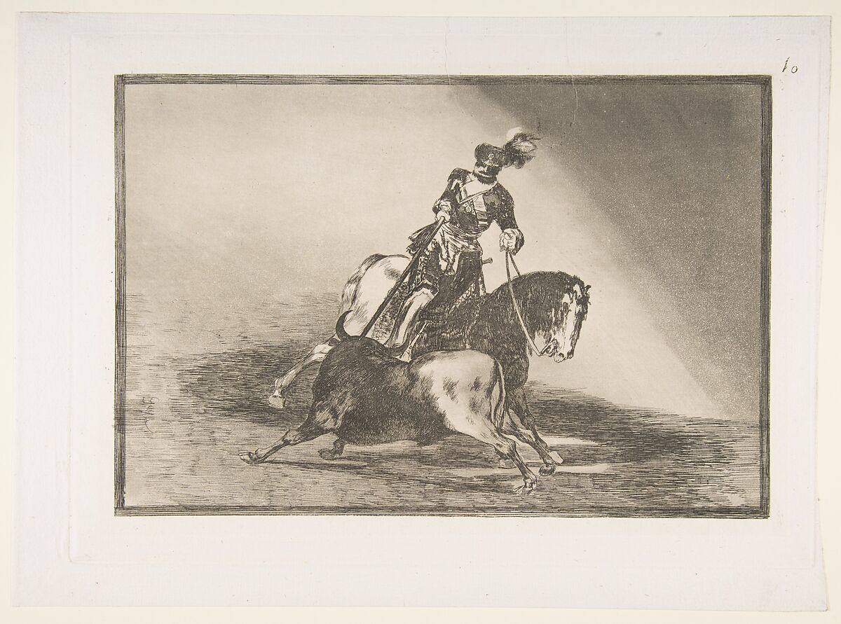 Plate 10 from 'La Tauromaquia': Charles V spearing a bull in the ring at Valladolid, Goya (Francisco de Goya y Lucientes) (Spanish, Fuendetodos 1746–1828 Bordeaux), Etching, burnished aquatint, drypoint, burin 