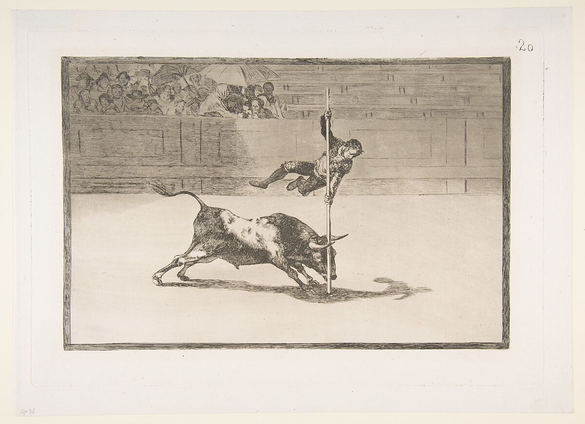 Plate 20 from the 'Tauromaquia':The agility and audacity of Juanito Apiñani in [the ring] at Madrid., Goya (Francisco de Goya y Lucientes) (Spanish, Fuendetodos 1746–1828 Bordeaux), Etching, aquatint 