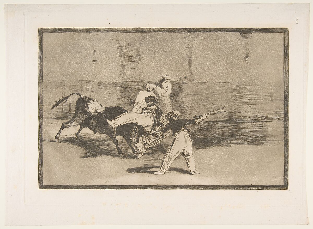 Plate 8 from the 'Tauromaquia': A Moor Caught by the Bull in the ring., Goya (Francisco de Goya y Lucientes) (Spanish, Fuendetodos 1746–1828 Bordeaux), Etching, burnished aquatint, drypoint 