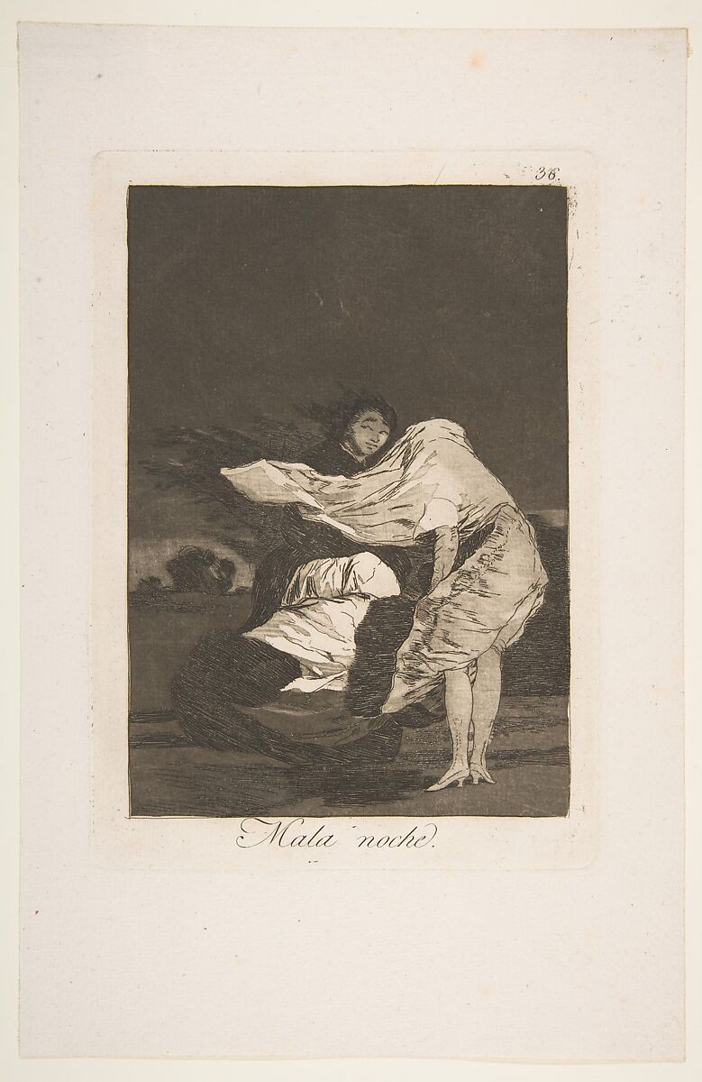 Plate 36 from 'Los Caprichos: A bad night (Mala noche.), Goya (Francisco de Goya y Lucientes) (Spanish, Fuendetodos 1746–1828 Bordeaux), Etching, burnished aquatint 