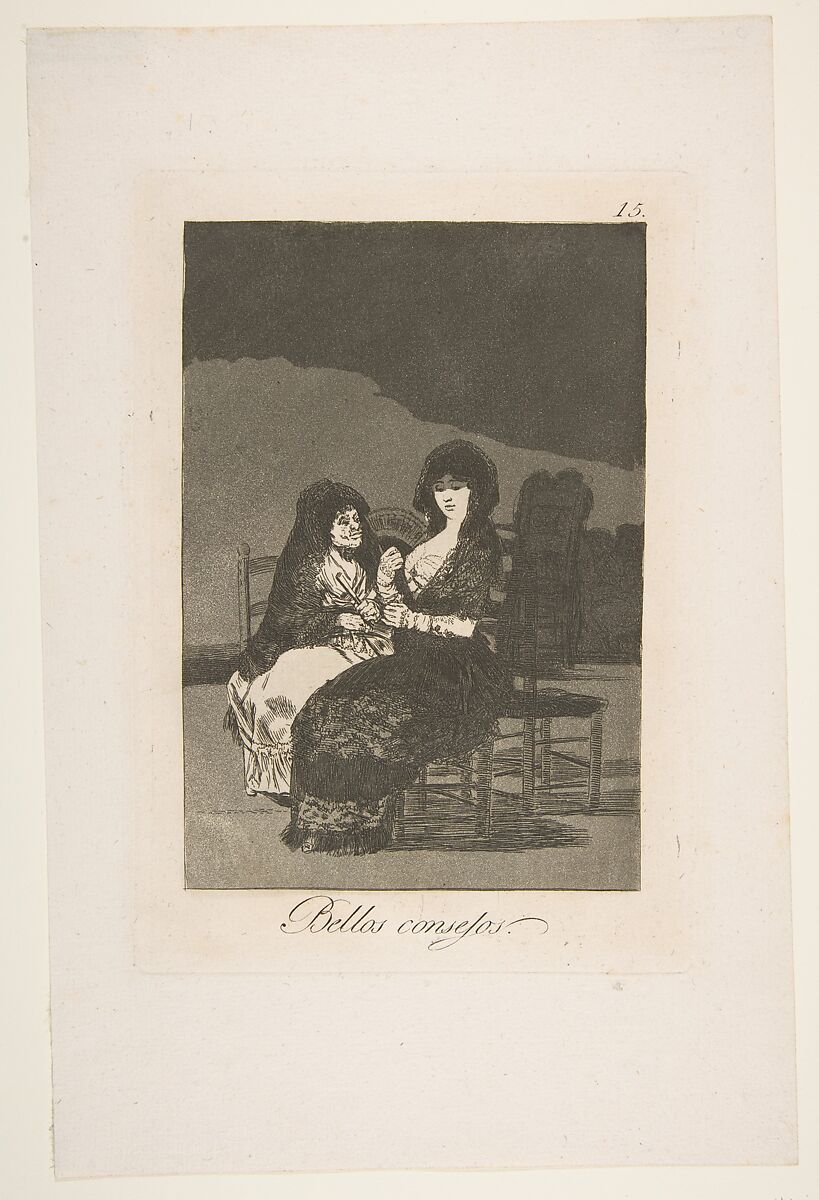 Plate 15 from 'Los Caprichos': A pretty piece of advice (Bellos consejos), Goya (Francisco de Goya y Lucientes) (Spanish, Fuendetodos 1746–1828 Bordeaux), Etching, burnished aquatint, burin 