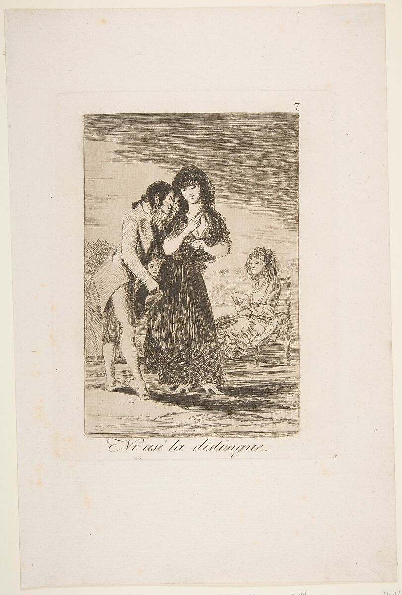 Plate 7 from 'Los Caprichos': Even thus he cannot make her out (Ni asi la distingue.), Goya (Francisco de Goya y Lucientes) (Spanish, Fuendetodos 1746–1828 Bordeaux), Etching, aquatint, drypoint 