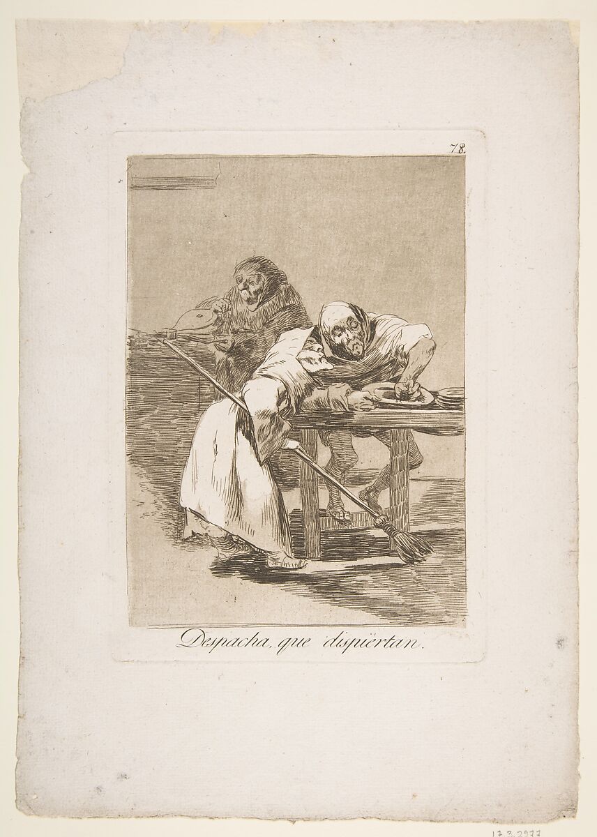 Plate 78  from 'Los Caprichos': Be quick, they are waking up (Despacha, que dispiertan.), Goya (Francisco de Goya y Lucientes) (Spanish, Fuendetodos 1746–1828 Bordeaux), Etching, burnished aquatint 