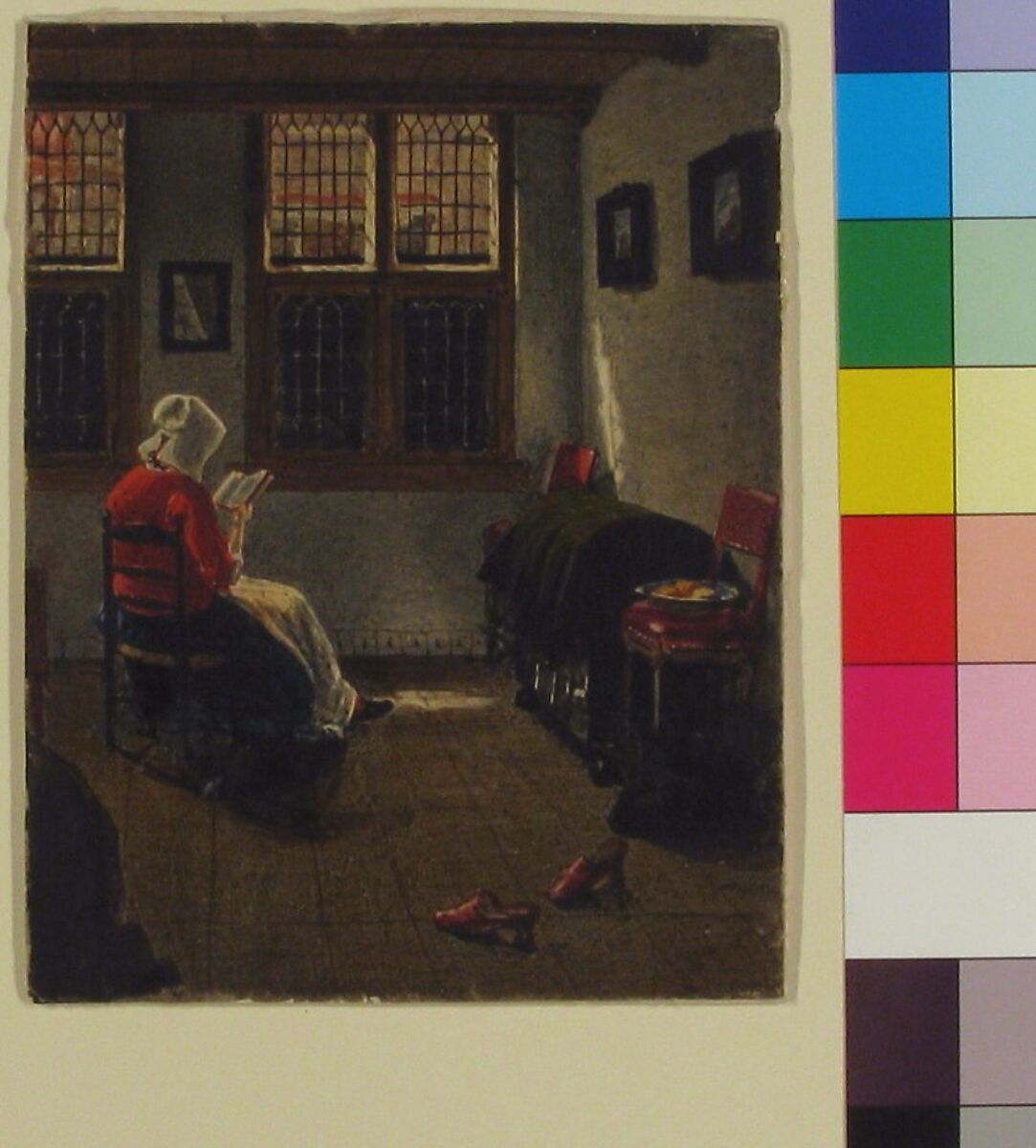 A Woman Reading, after Pieter Janssens Elinga, François Bonvin (French, Paris 1817–1888 Saint-Germain-en-Laye), Watercolor and gouache