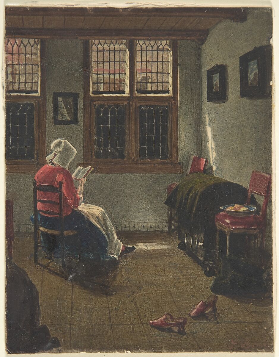 A Woman Reading, after Pieter Janssens Elinga, François Bonvin (French, Paris 1817–1888 Saint-Germain-en-Laye), Watercolor and gouache 