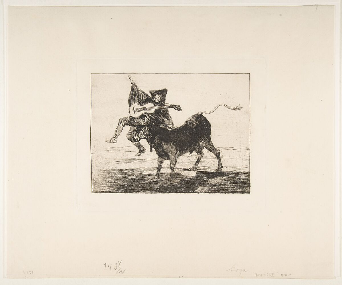 'Barbarous Entertainment', a blind guitarist on the horns of a bull, Goya (Francisco de Goya y Lucientes) (Spanish, Fuendetodos 1746–1828 Bordeaux), Etching, aquatint, drypoint on laid paper