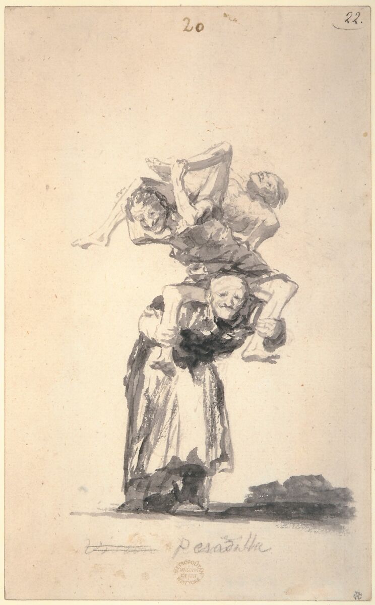 'Nightmare'; an old woman carrying figures on her back; page 20 from the Witches and Old Women  Album (D), Goya (Francisco de Goya y Lucientes) (Spanish, Fuendetodos 1746–1828 Bordeaux), Brush, carbon black and gray ink and wash, touches of black chalk, on laid paper
