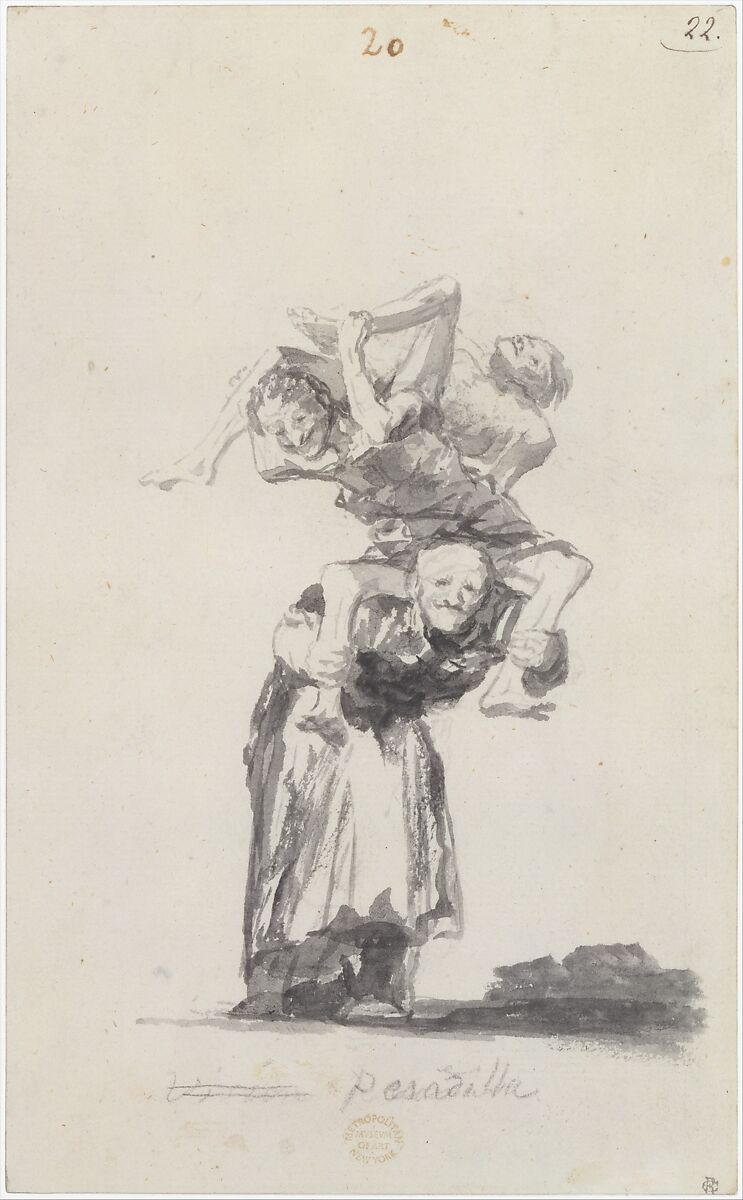 'Nightmare'; an old woman carrying figures on her back; page 20 from the Witches and Old Women  Album (D), Goya (Francisco de Goya y Lucientes) (Spanish, Fuendetodos 1746–1828 Bordeaux), Brush, carbon black and gray ink and wash, touches of black chalk, on laid paper