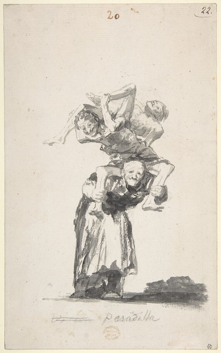 'Nightmare'; an old woman carrying figures on her back; page 20 from the Witches and Old Women  Album (D), Goya (Francisco de Goya y Lucientes) (Spanish, Fuendetodos 1746–1828 Bordeaux), Brush, carbon black and gray ink and wash, touches of black chalk, on laid paper 