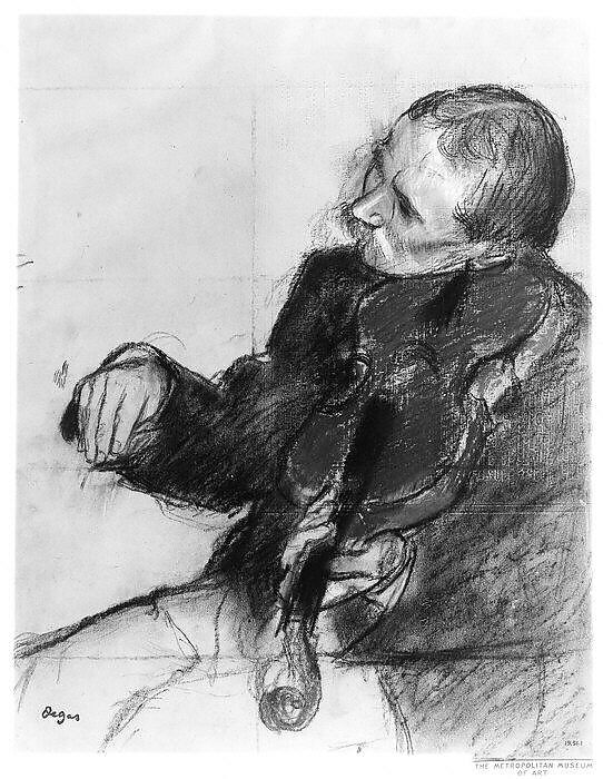 Violinist, Study for "The Dance Lesson", Edgar Degas (French, Paris 1834–1917 Paris), Pastel and charcoal on green wove paper; squared for transfer in charcoal; letterpress printing on verso