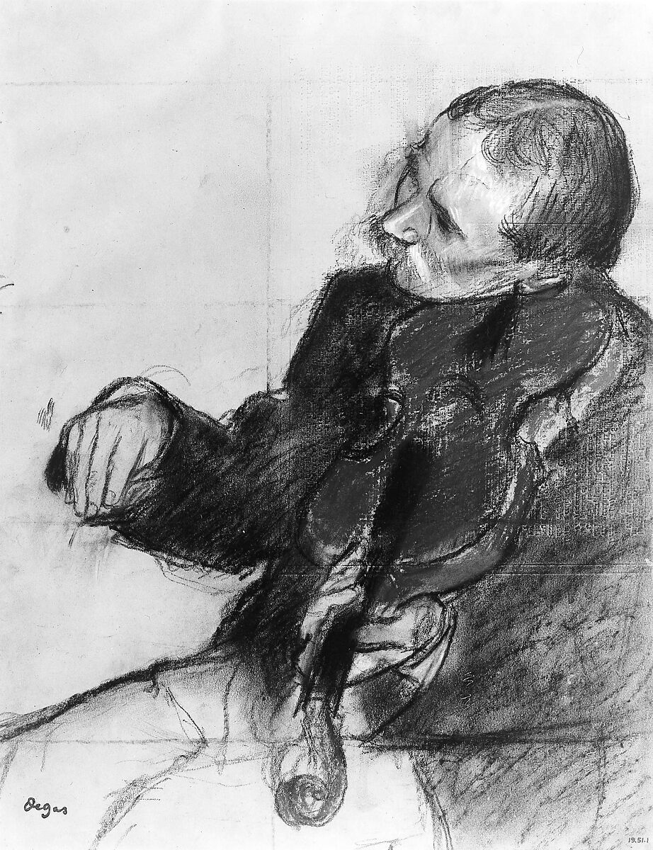 Violinist, Study for "The Dance Lesson", Edgar Degas (French, Paris 1834–1917 Paris), Pastel and charcoal on green wove paper; squared for transfer in charcoal; letterpress printing on verso