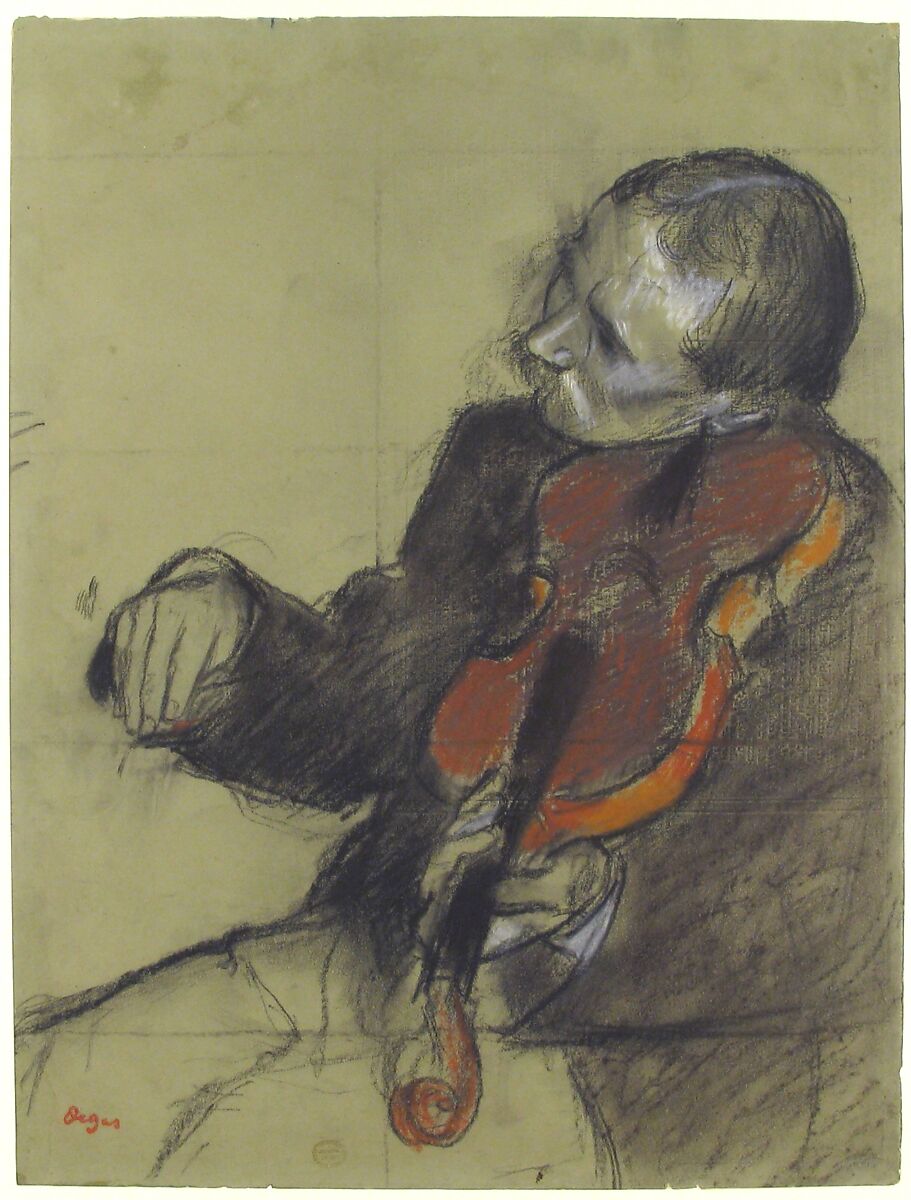 Violinist, Study for "The Dance Lesson", Edgar Degas (French, Paris 1834–1917 Paris), Pastel and charcoal on green wove paper; squared for transfer in charcoal; letterpress printing on verso