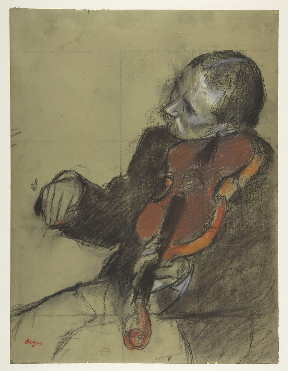 Violinist, Study for "The Dance Lesson", Edgar Degas (French, Paris 1834–1917 Paris), Pastel and charcoal on green wove paper; squared for transfer in charcoal; letterpress printing on verso 