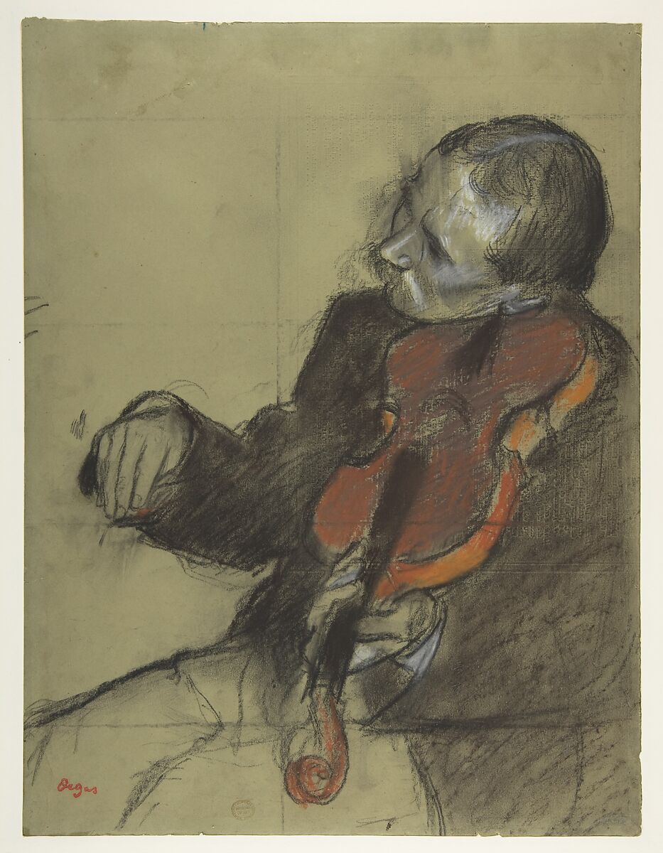 Violinist, Study for "The Dance Lesson", Edgar Degas  French, Pastel and charcoal on green wove paper; squared for transfer in charcoal; letterpress printing on verso