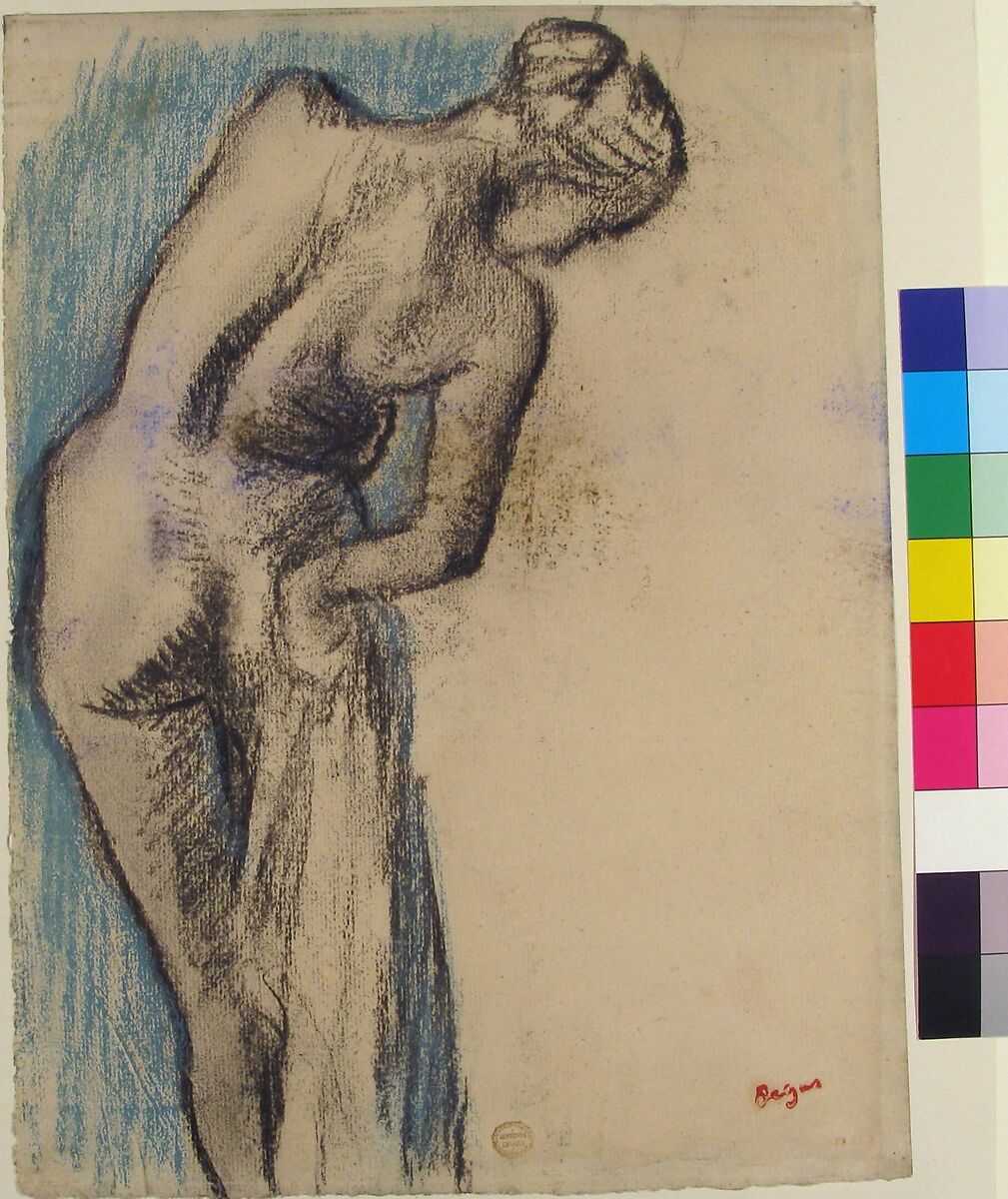 Bather Drying Herself, Edgar Degas (French, Paris 1834–1917 Paris), Charcoal and pastel on off-white laid paper
