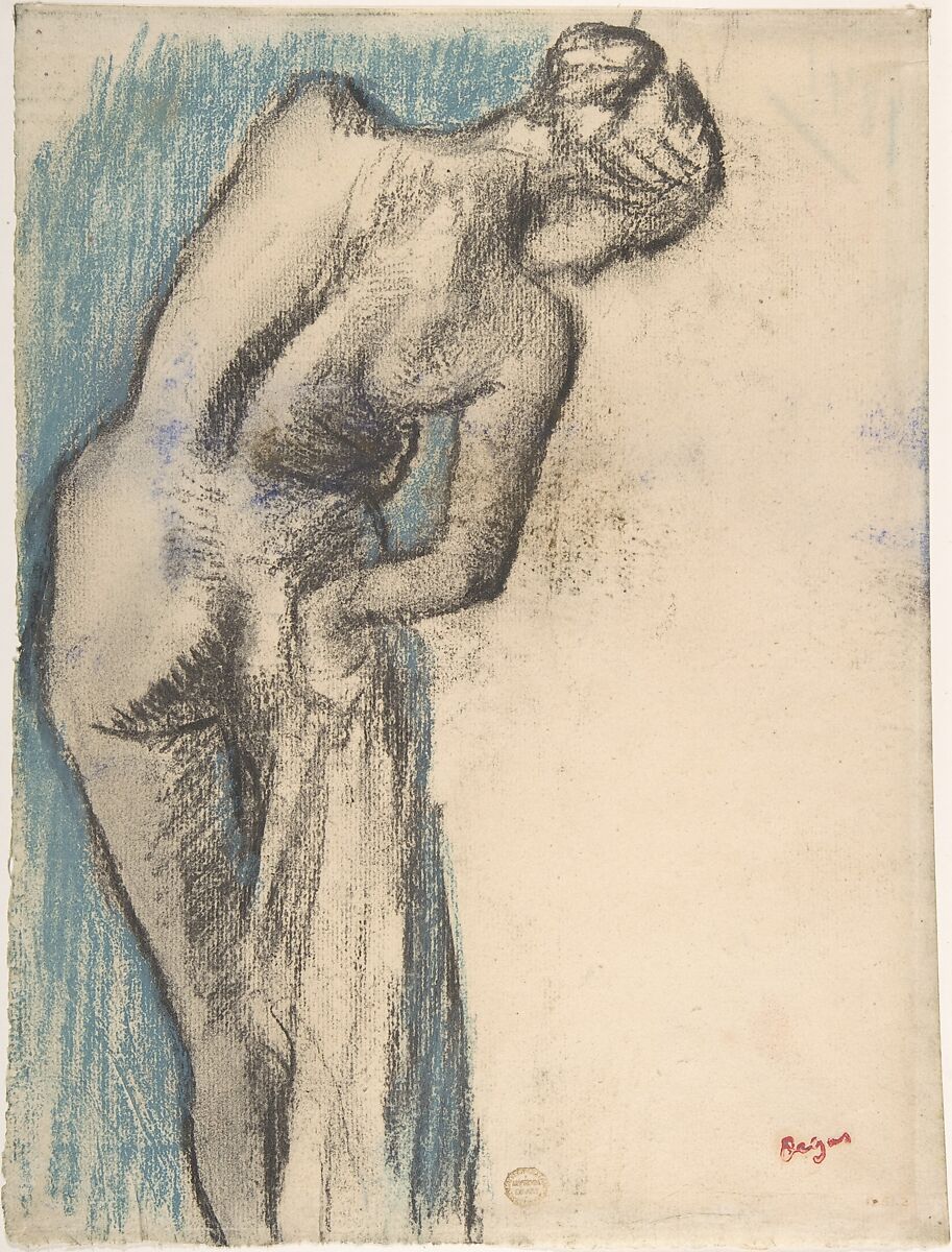 Bather Drying Herself, Edgar Degas (French, Paris 1834–1917 Paris), Charcoal and pastel on off-white laid paper 