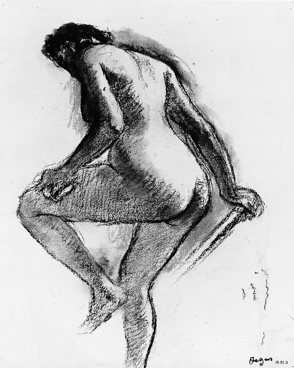 Bather Sponging Her Knee, Edgar Degas (French, Paris 1834–1917 Paris), Charcoal, pastel, and gray wash on off-white laid paper