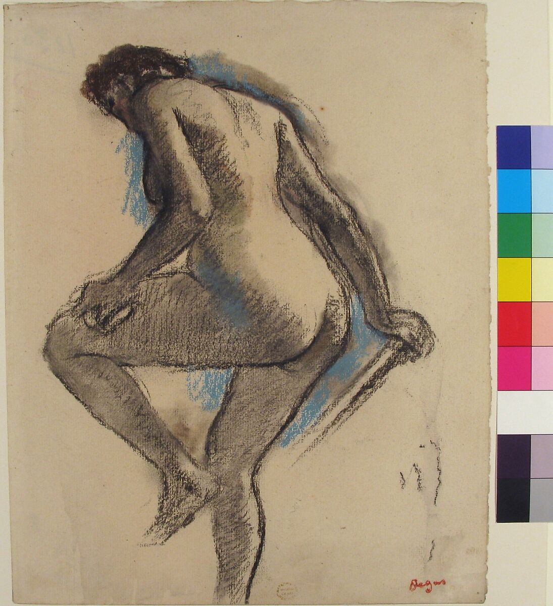 Bather Sponging Her Knee, Edgar Degas (French, Paris 1834–1917 Paris), Charcoal, pastel, and gray wash on off-white laid paper