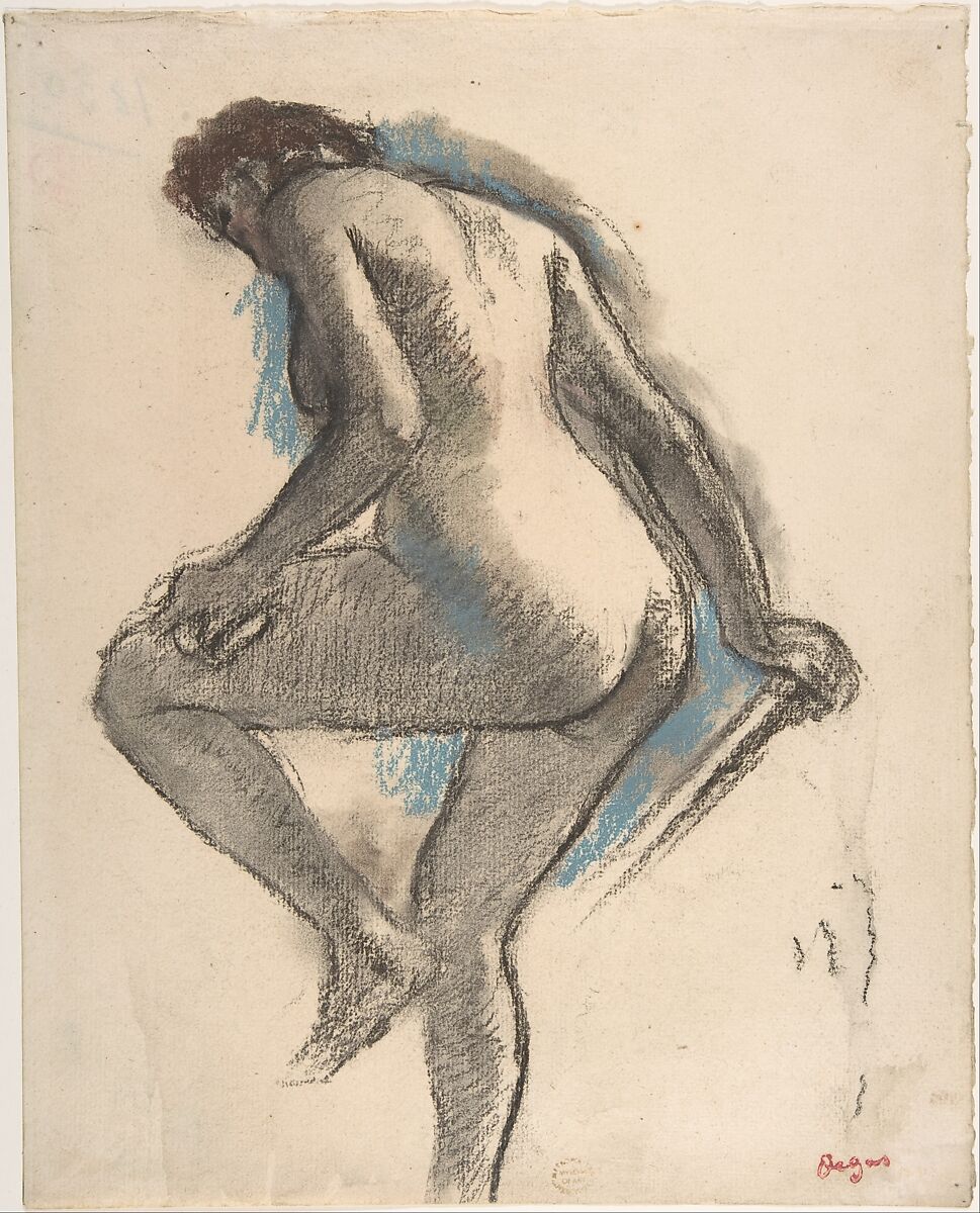 Bather Sponging Her Knee, Edgar Degas (French, Paris 1834–1917 Paris), Charcoal, pastel, and gray wash on off-white laid paper 