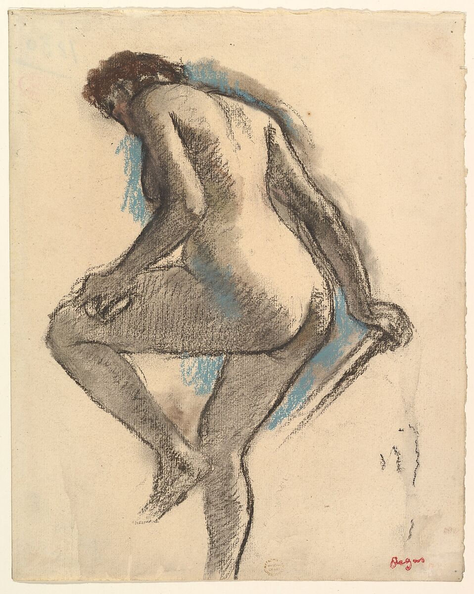 Bather Sponging Her Knee, Edgar Degas (French, Paris 1834–1917 Paris), Charcoal, pastel, and gray wash on off-white laid paper