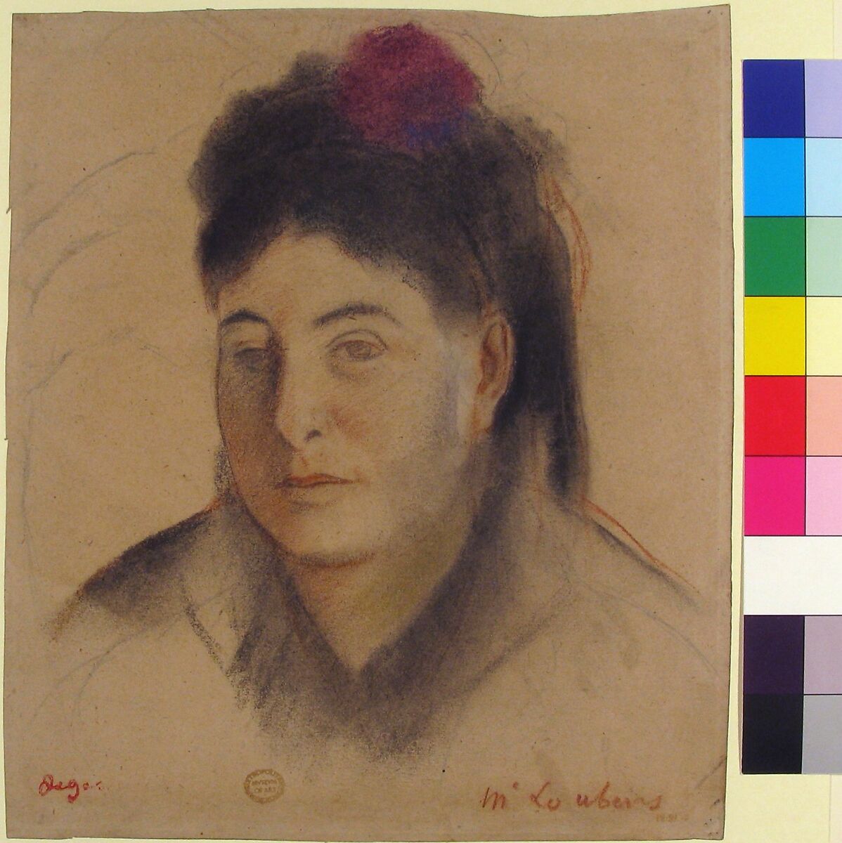 Madame Loubens, Edgar Degas (French, Paris 1834–1917 Paris), Charcoal and pastel with red, black, and white chalk over graphite on beige wove paper