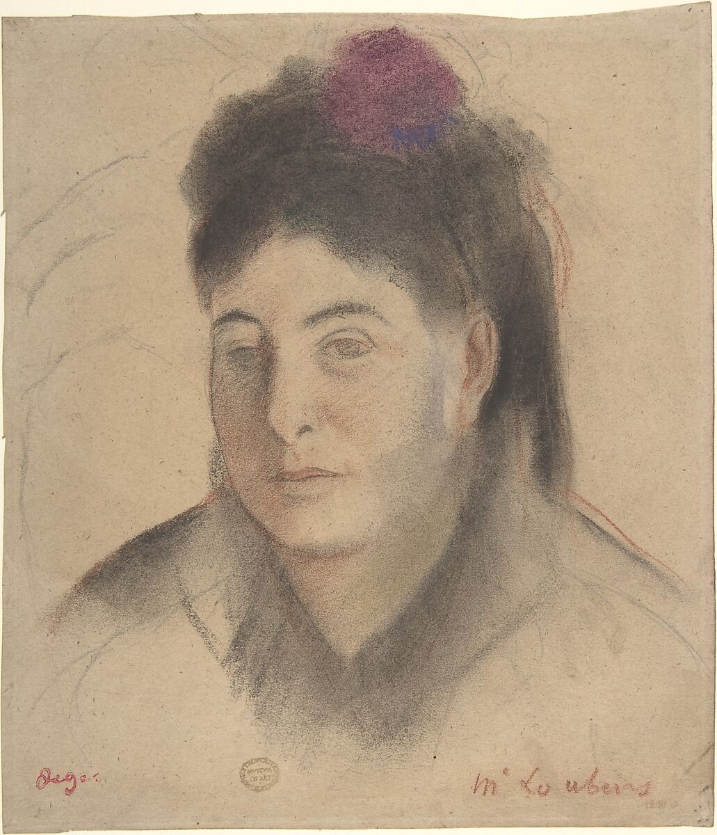 Madame Loubens, Edgar Degas (French, Paris 1834–1917 Paris), Charcoal and pastel with red, black, and white chalk over graphite on beige wove paper 