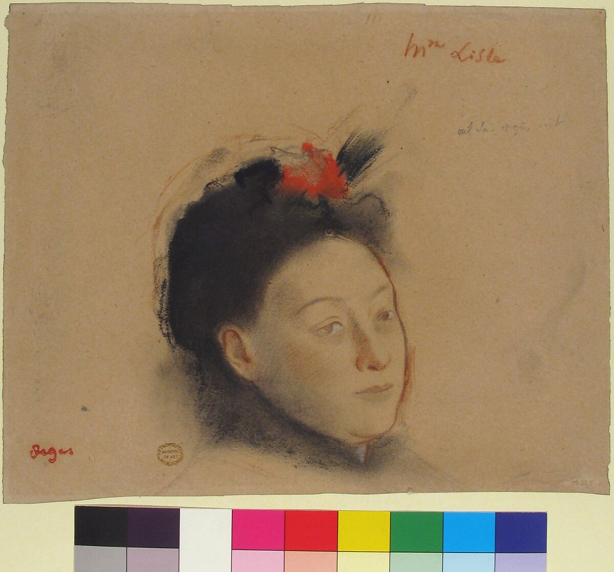 Madame Lisle, Edgar Degas (French, Paris 1834–1917 Paris), Charcoal and pastel with red, black, and white chalk on beige wove paper