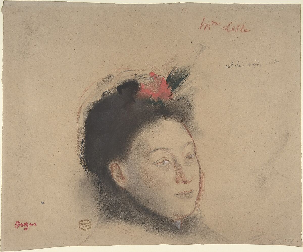 Madame Lisle, Edgar Degas (French, Paris 1834–1917 Paris), Charcoal and pastel with red, black, and white chalk on beige wove paper 